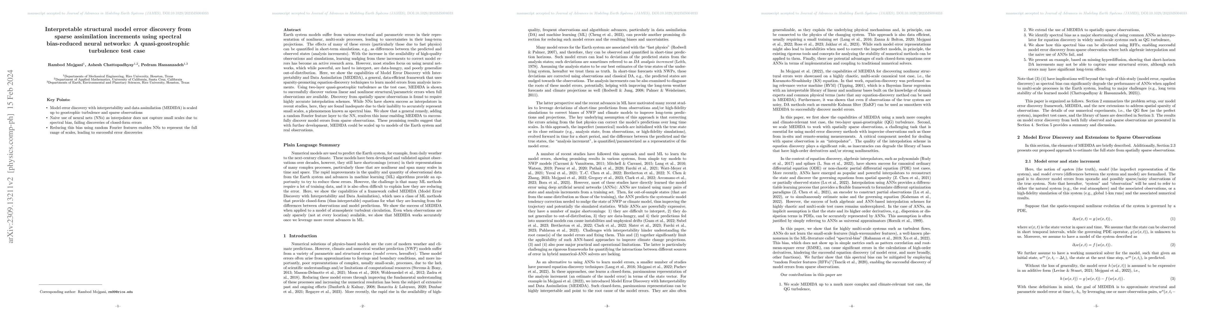 Thumbnail for Interpretable structural model error discovery from sparse assimilation
  increments using spectral bias-reduced neural networks: A quasi-geostrophic
  turbulence test case