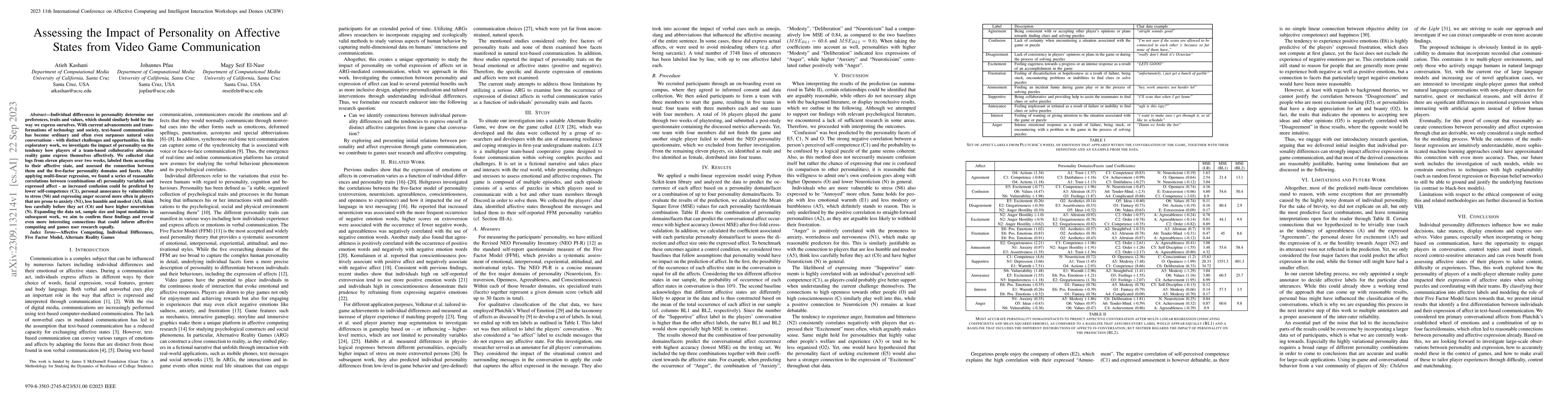Thumbnail for Assessing the Impact of Personality on Affective States from Video Game
  Communication