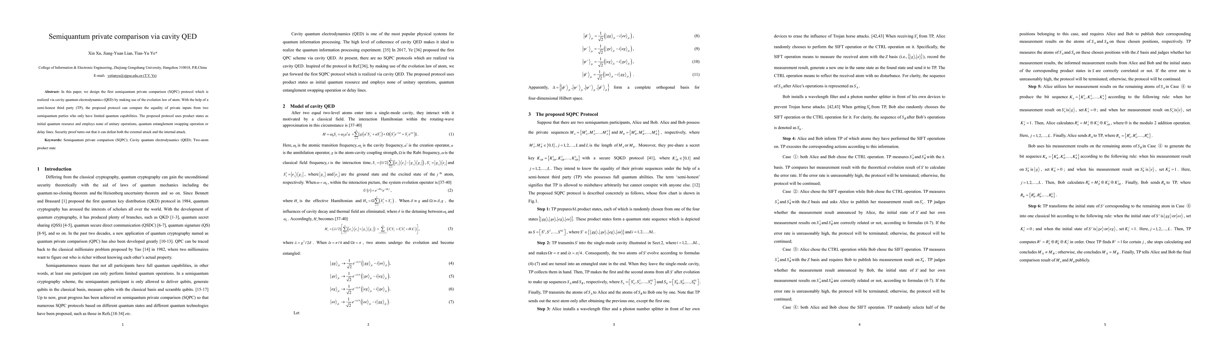 Thumbnail for Semiquantum private comparison via cavity QED
