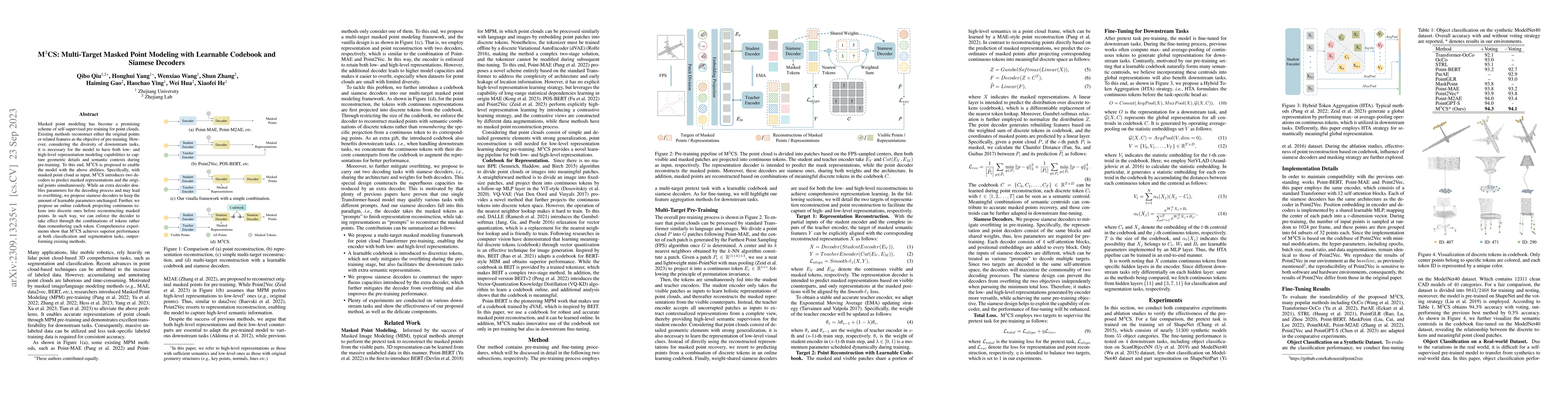Thumbnail for M$^3$CS: Multi-Target Masked Point Modeling with Learnable Codebook and
  Siamese Decoders