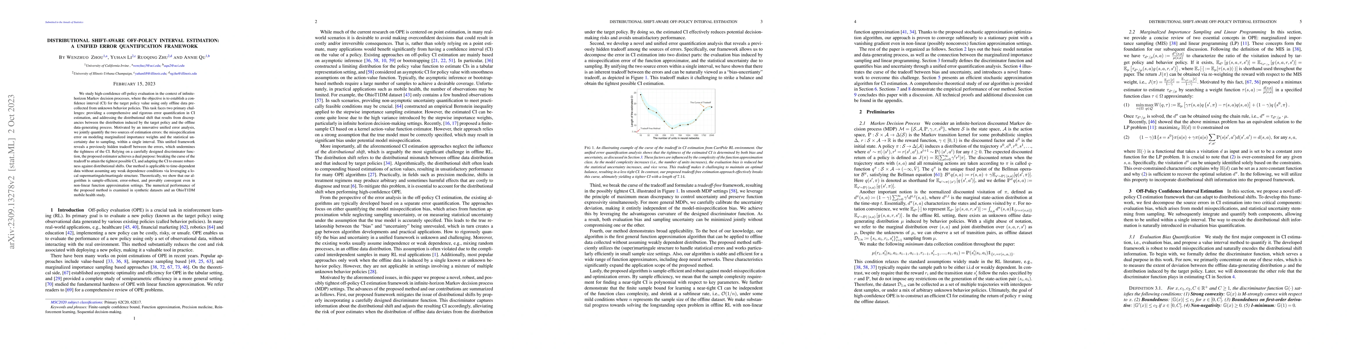 Thumbnail for Distributional Shift-Aware Off-Policy Interval Estimation: A Unified
  Error Quantification Framework