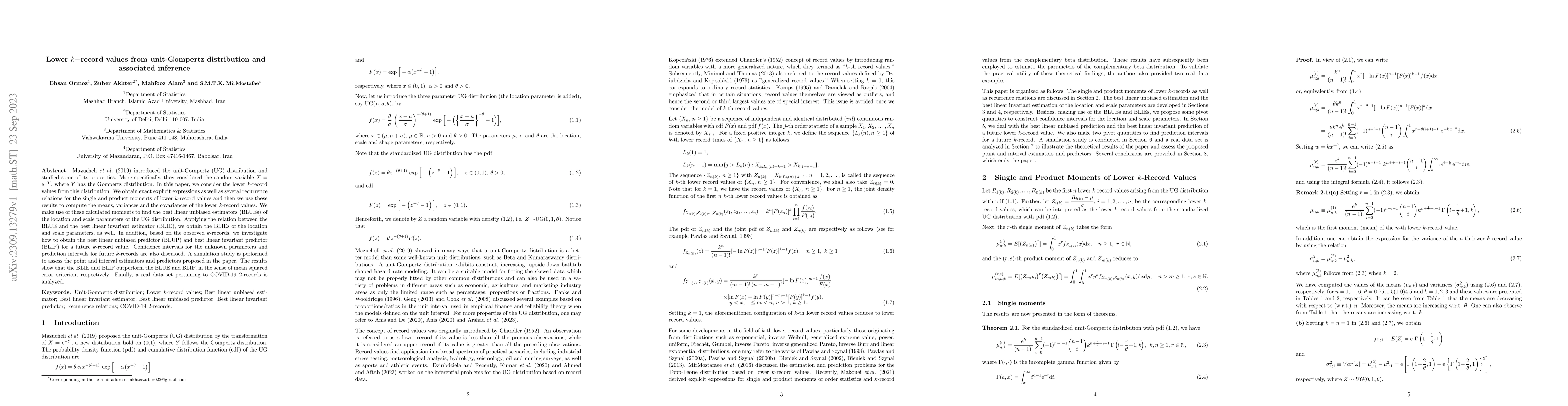 Thumbnail for Lower k-record values from unit-Gompertz distribution and associated
  inference