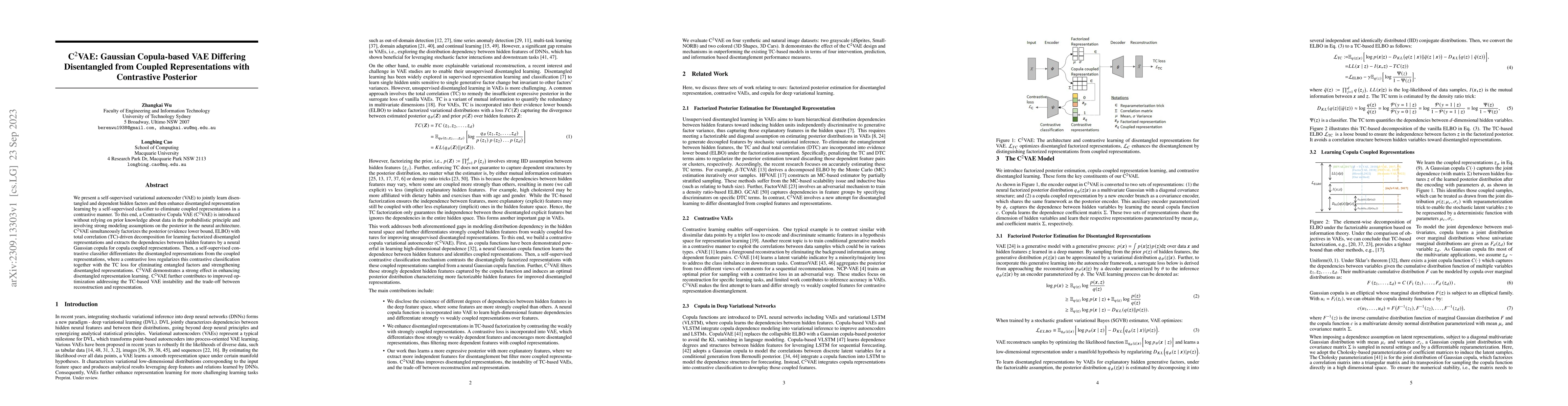 Thumbnail for C$^2$VAE: Gaussian Copula-based VAE Differing Disentangled from Coupled
  Representations with Contrastive Posterior