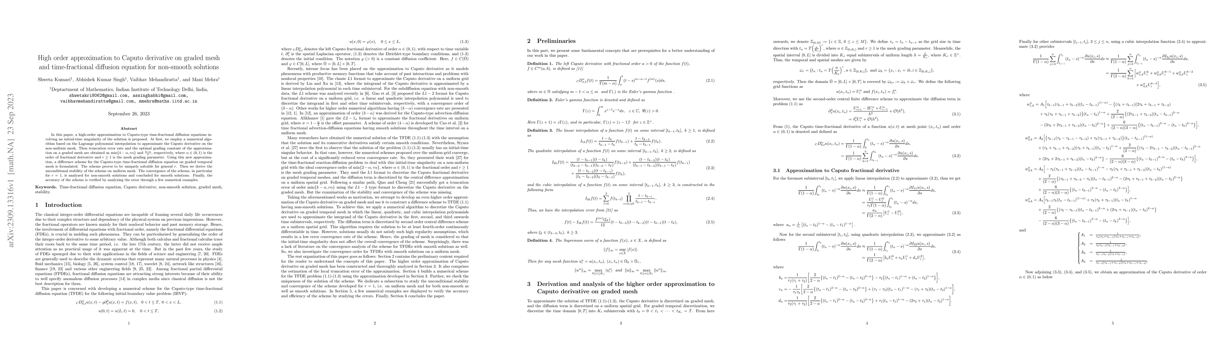Thumbnail for High order approximation to Caputo derivative on graded mesh and
  time-fractional diffusion equation for non-smooth solutions