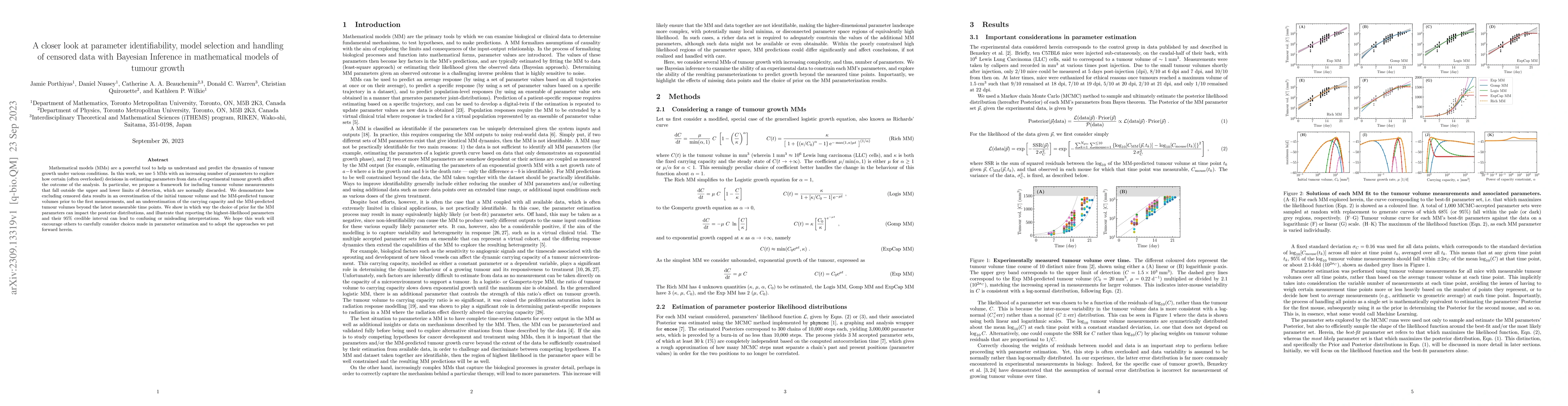 Thumbnail for A closer look at parameter identifiability, model selection and handling
  of censored data with Bayesian Inference in mathematical models of tumour
  growth