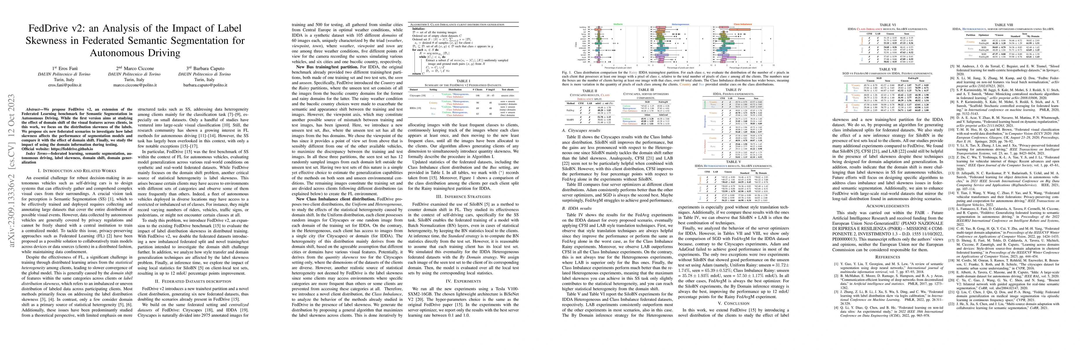 Thumbnail for FedDrive v2: an Analysis of the Impact of Label Skewness in Federated
  Semantic Segmentation for Autonomous Driving