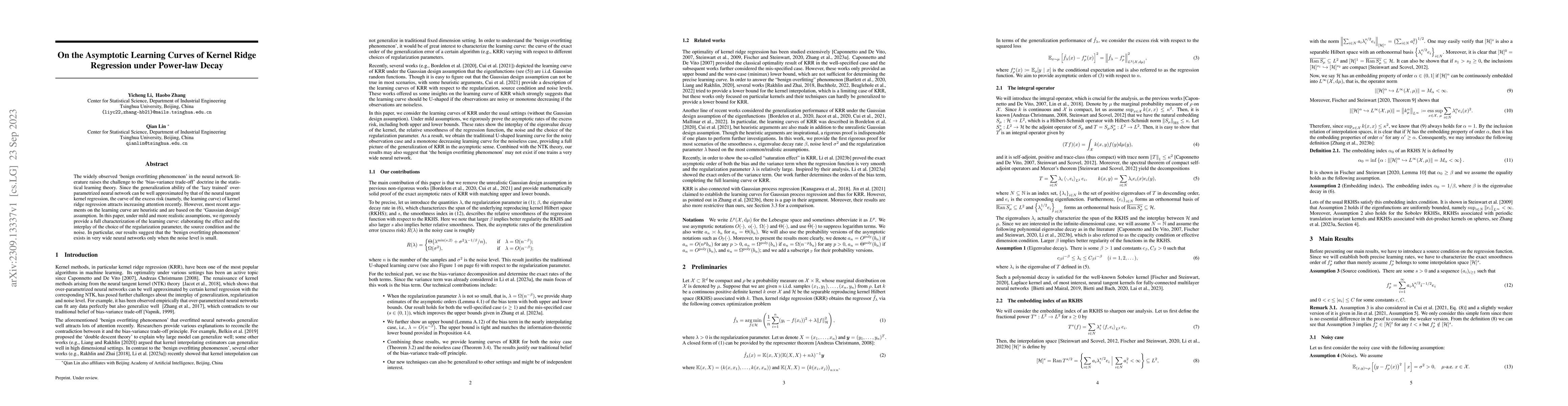 Thumbnail for On the Asymptotic Learning Curves of Kernel Ridge Regression under
  Power-law Decay