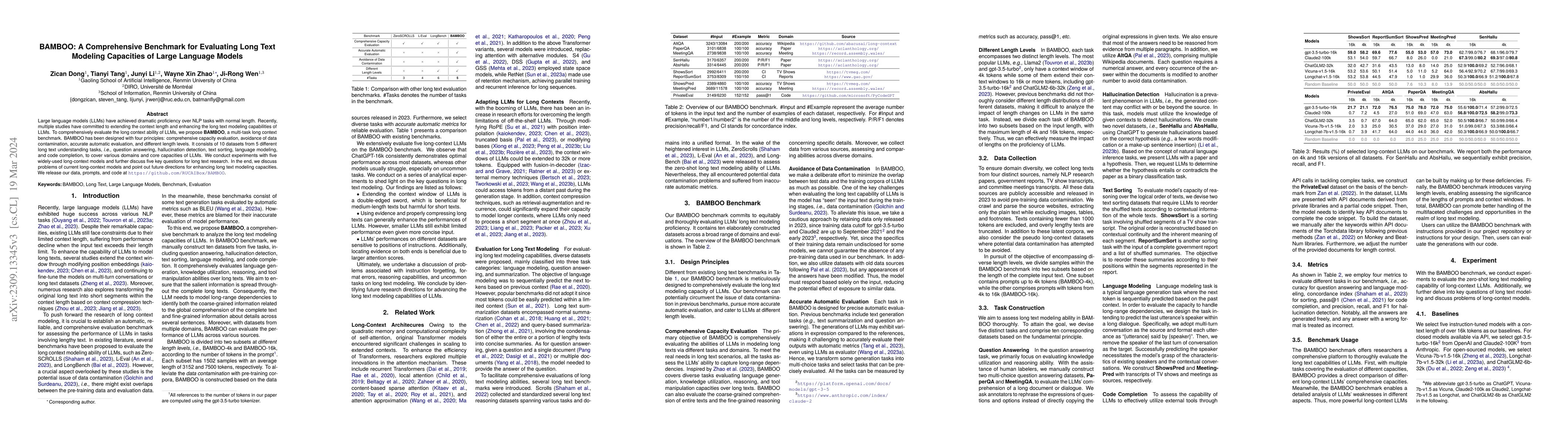 Thumbnail for BAMBOO: A Comprehensive Benchmark for Evaluating Long Text Modeling
  Capacities of Large Language Models