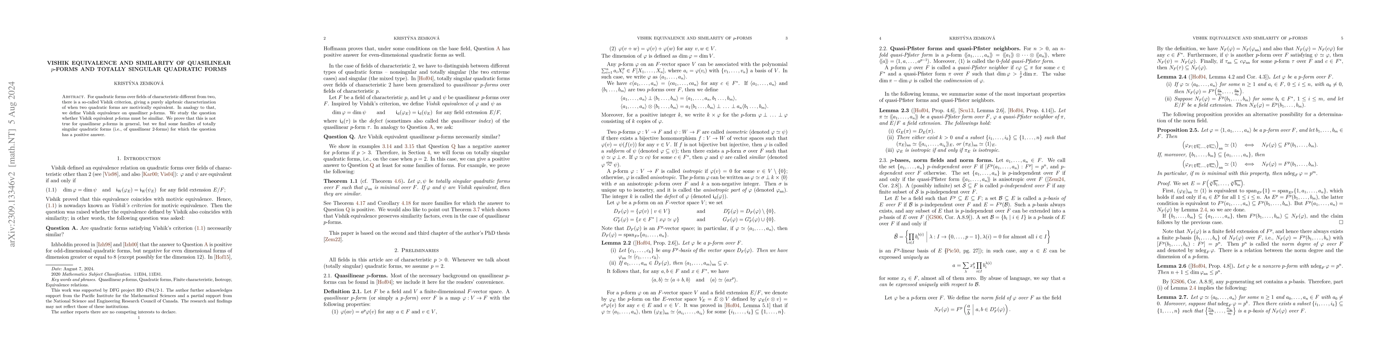 Thumbnail for Vishik equivalence and similarity of quasilinear $p$-forms and totally
  singular quadratic forms