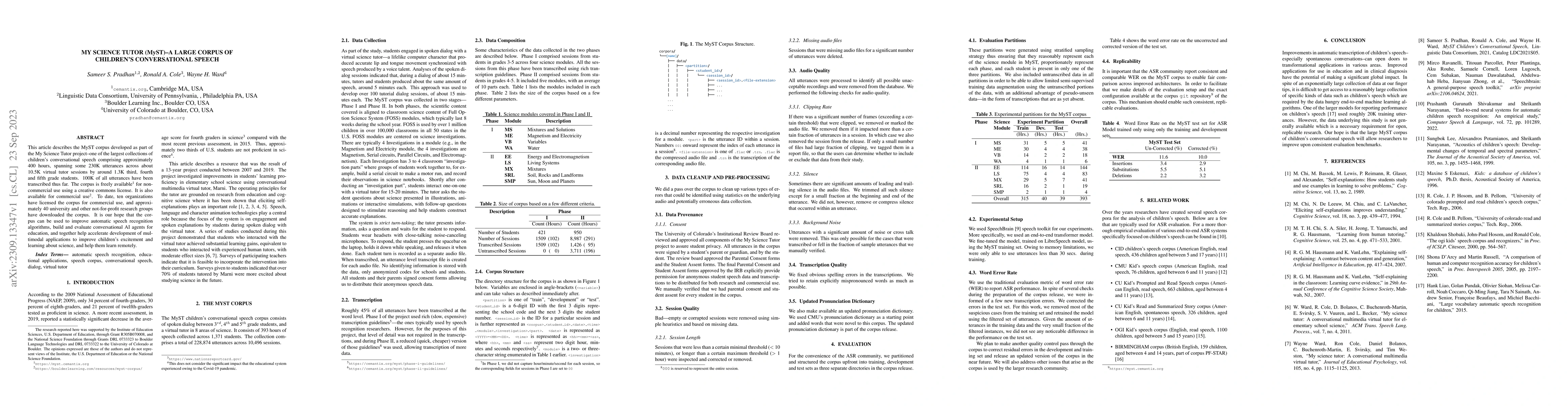 Thumbnail for My Science Tutor (MyST) -- A Large Corpus of Children's Conversational
  Speech