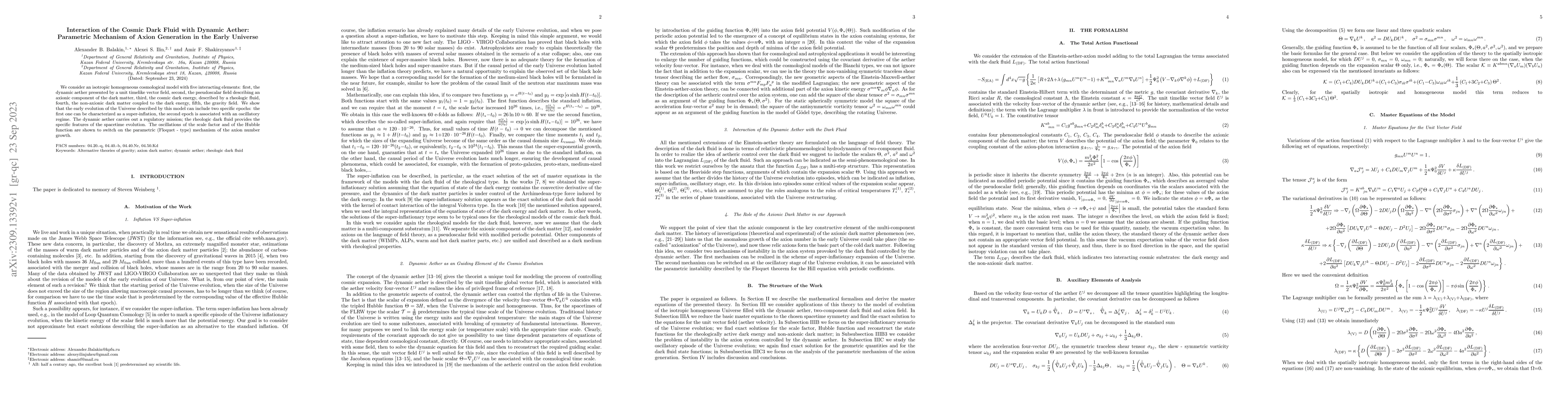 Thumbnail for Interaction of the Cosmic Dark Fluid with Dynamic Aether: Parametric
  Mechanism of Axion Generation in the Early Universe