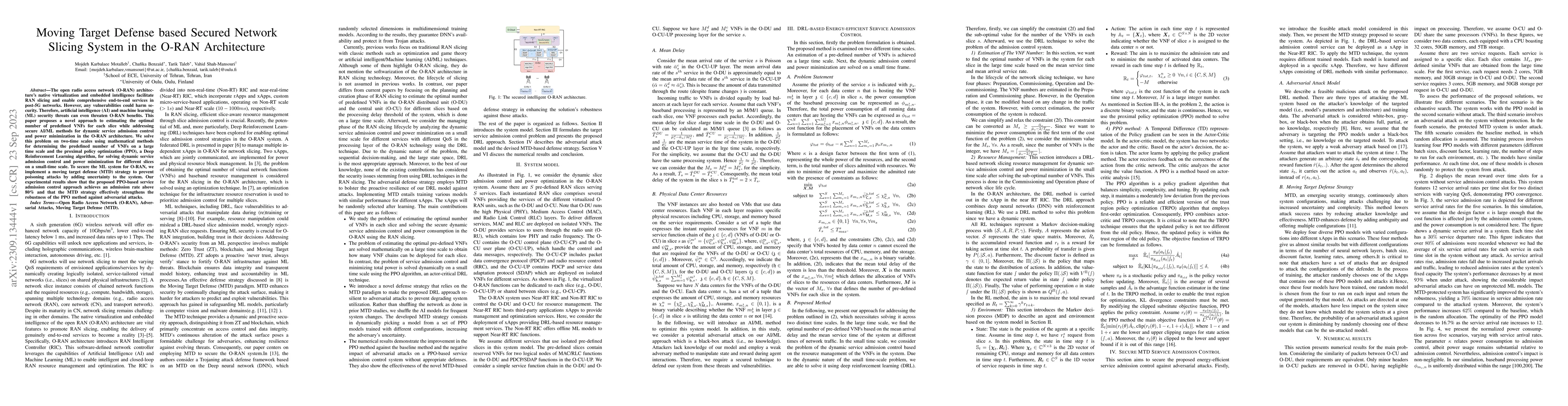 Thumbnail for Moving Target Defense based Secured Network Slicing System in the O-RAN
  Architecture