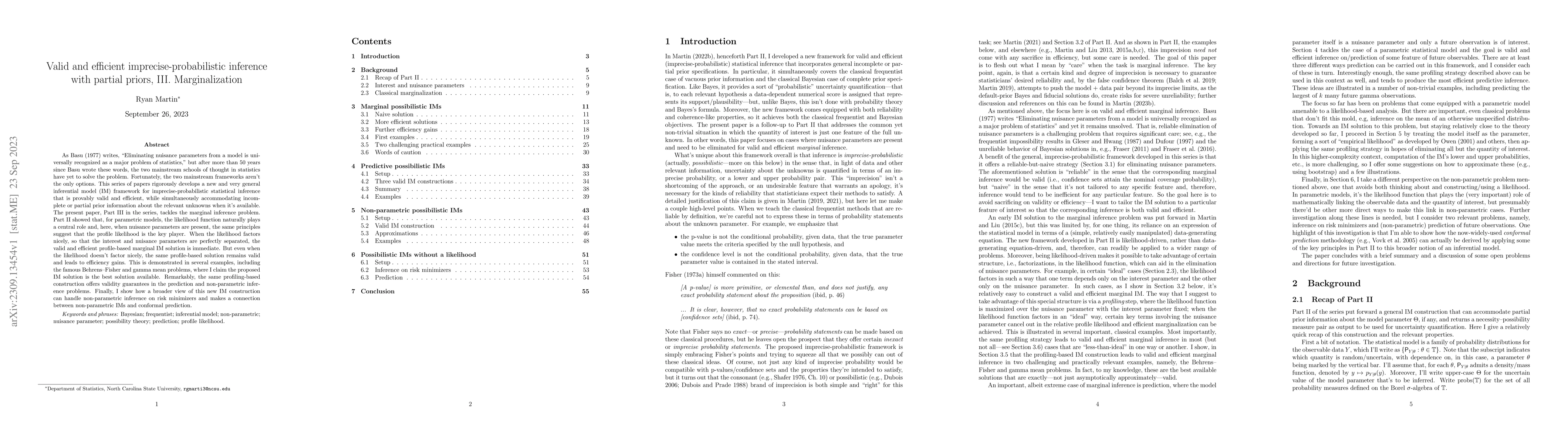 Thumbnail for Valid and efficient imprecise-probabilistic inference with partial
  priors, III. Marginalization
