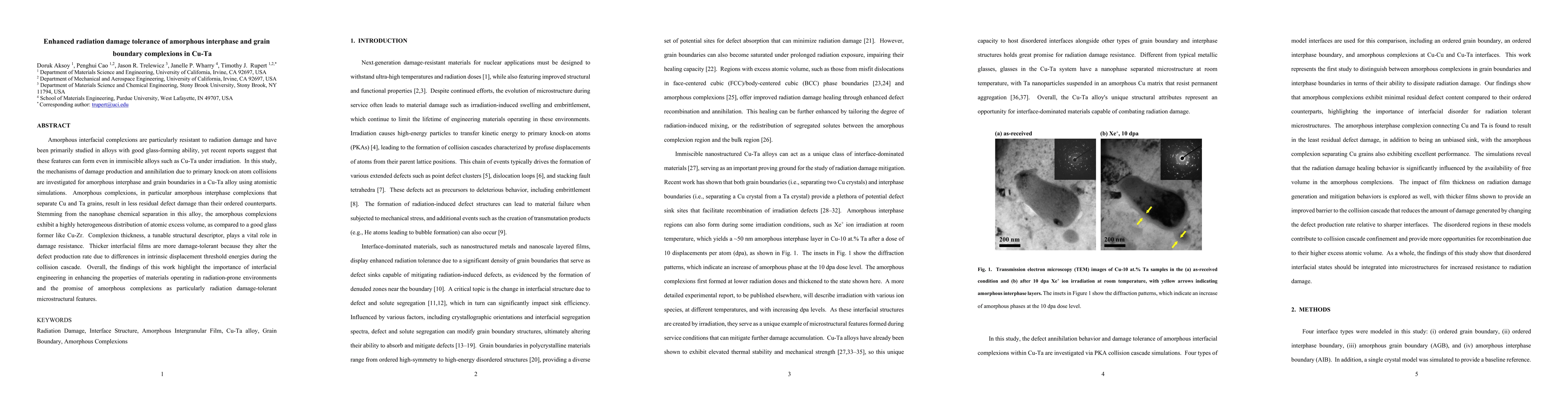 Thumbnail for Enhanced radiation damage tolerance of amorphous interphase and grain
  boundary complexions in Cu-Ta