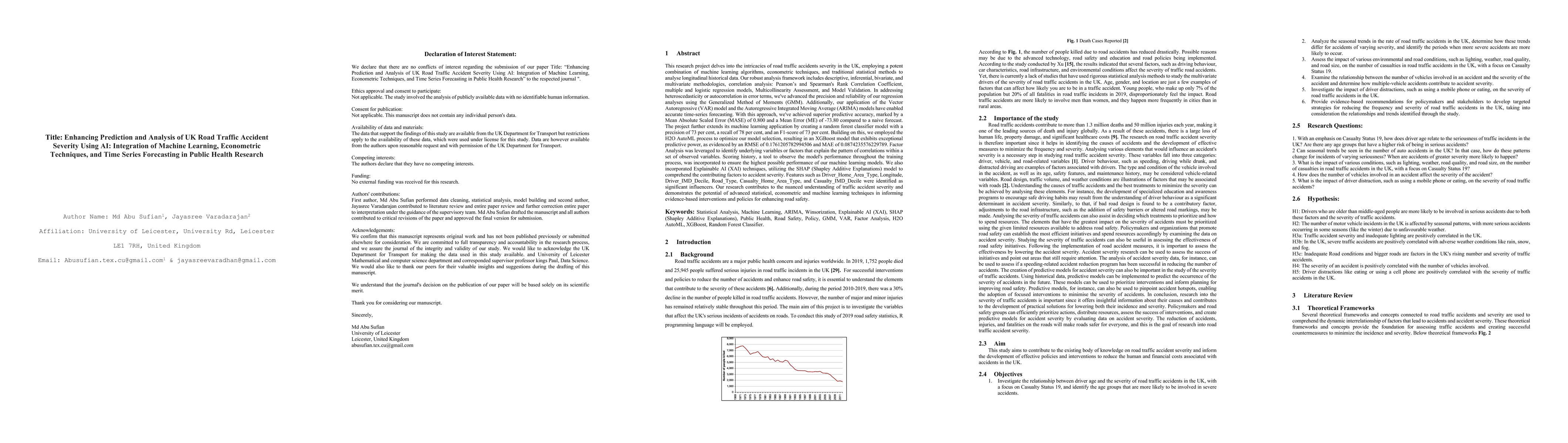 Thumbnail for Enhancing Prediction and Analysis of UK Road Traffic Accident Severity
  Using AI: Integration of Machine Learning, Econometric Techniques, and Time
  Series Forecasting in Public Health Research