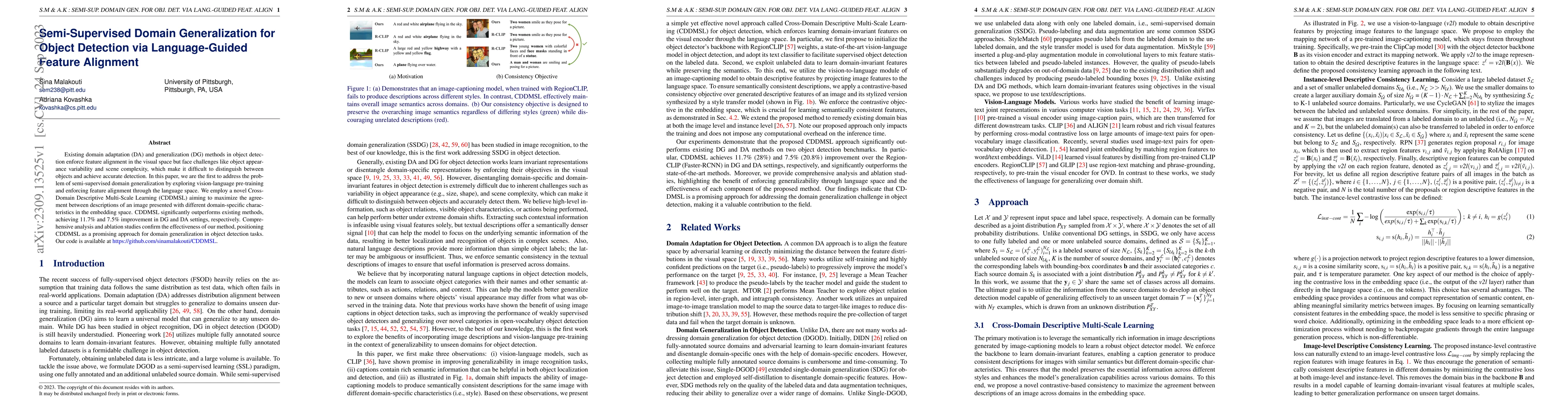 Thumbnail for Semi-Supervised Domain Generalization for Object Detection via
  Language-Guided Feature Alignment