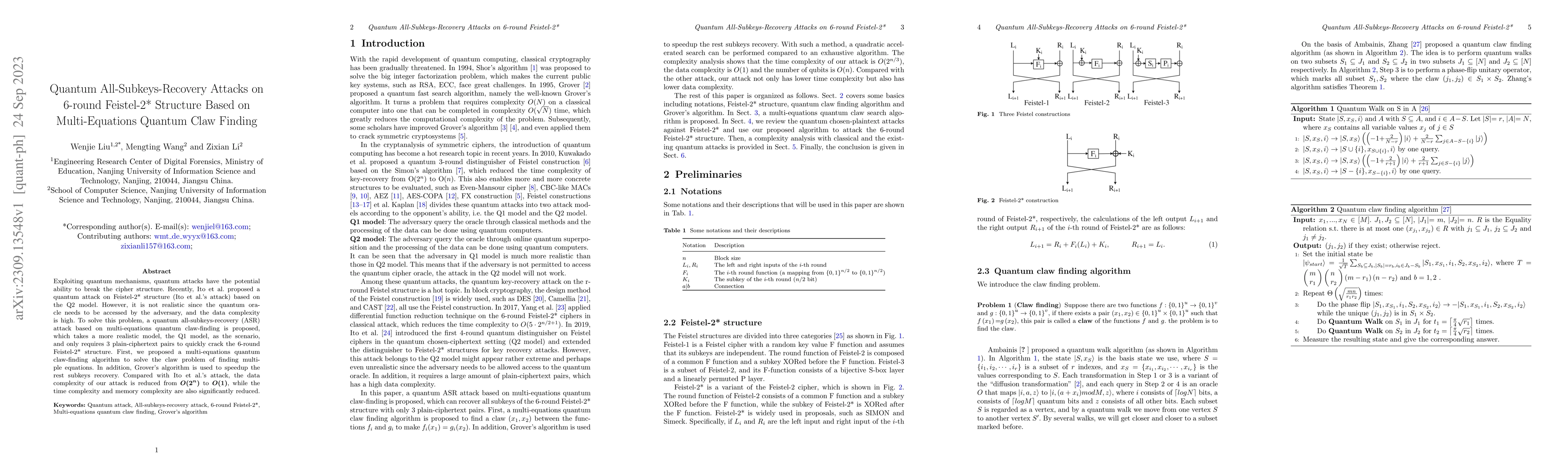 Thumbnail for Quantum All-Subkeys-Recovery Attacks on 6-round Feistel-2* Structure
  Based on Multi-Equations Quantum Claw Finding