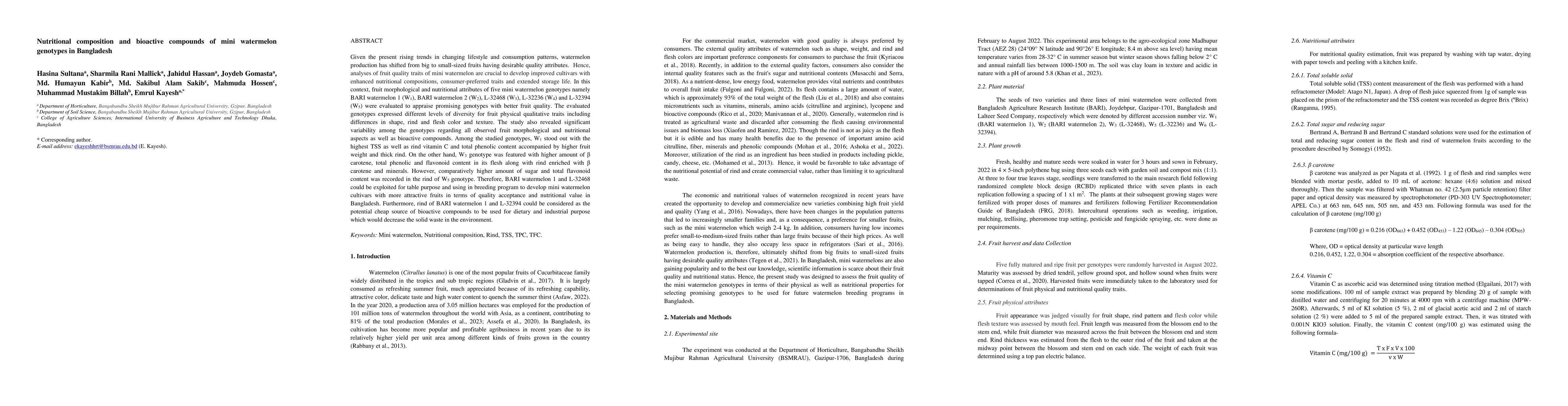 Thumbnail for Nutritional composition and bioactive compounds of mini watermelon
  genotypes in Bangladesh