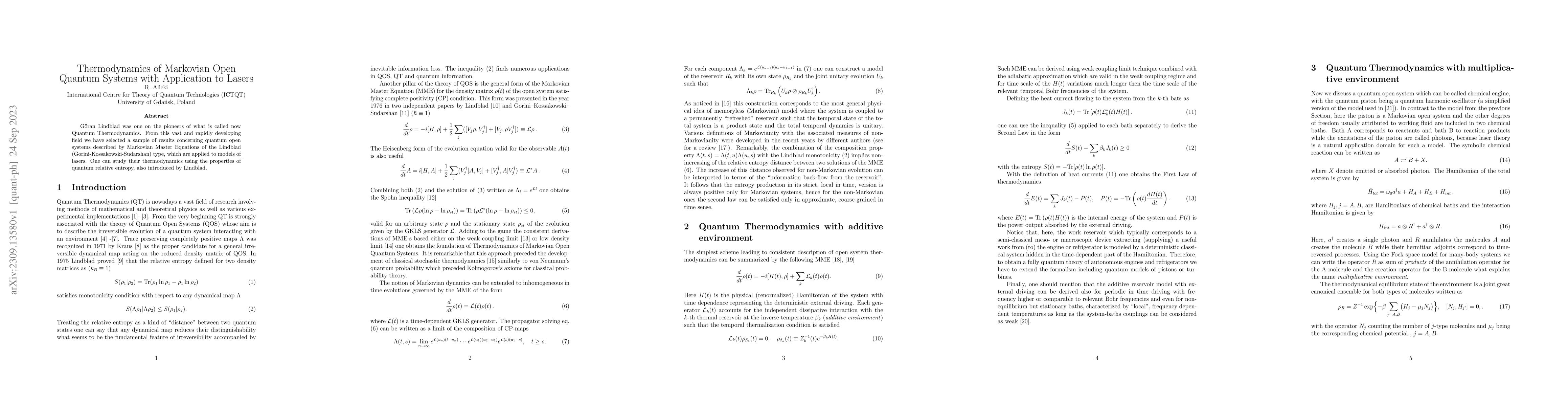 Thumbnail for Thermodynamics of Markovian Open Quantum Systems with Application to
  Lasers