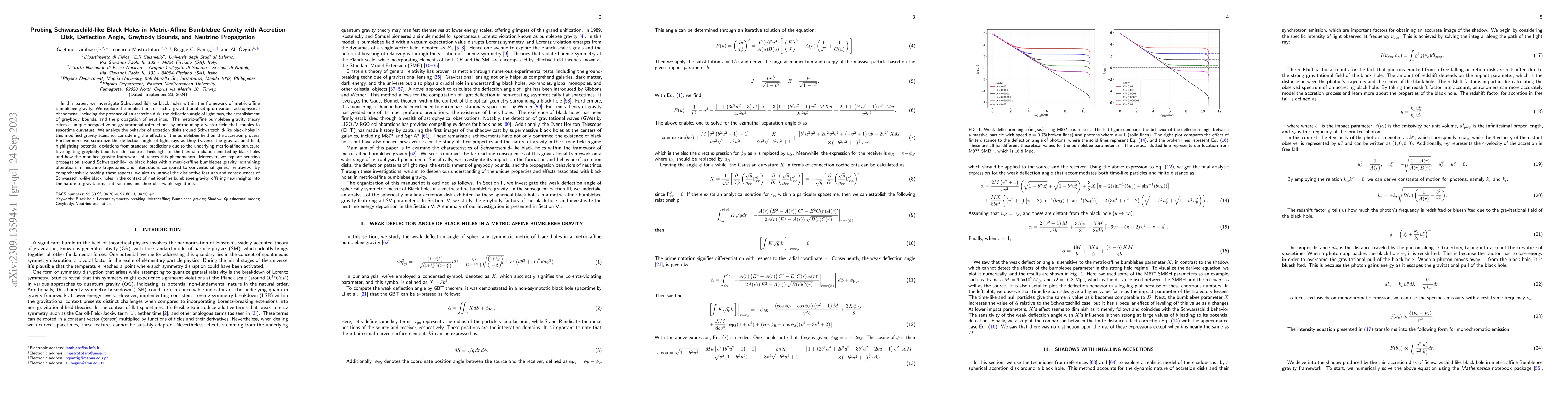 Thumbnail for Probing Schwarzschild-like Black Holes in Metric-Affine Bumblebee
  Gravity with Accretion Disk, Deflection Angle, Greybody Bounds, and Neutrino
  Propagation