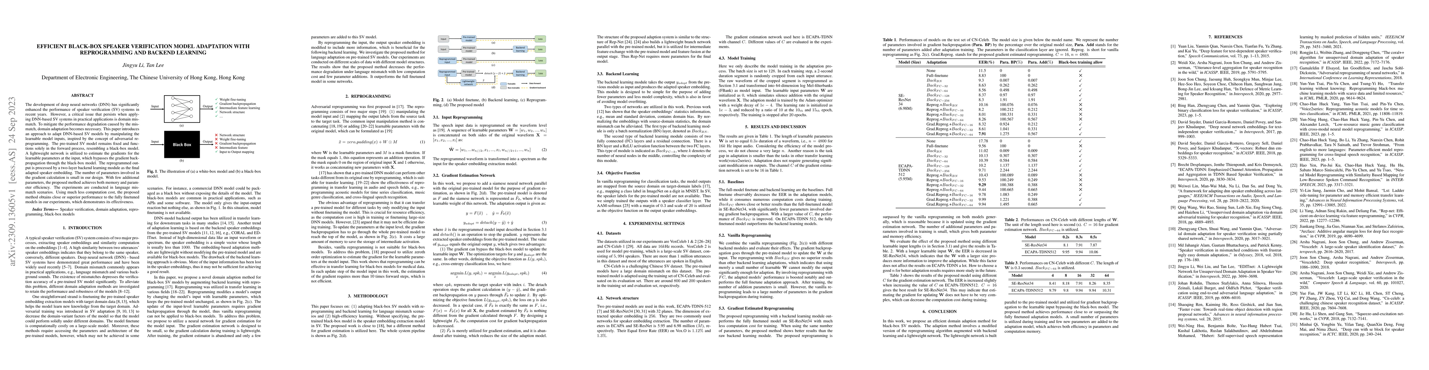 Thumbnail for Efficient Black-Box Speaker Verification Model Adaptation with
  Reprogramming and Backend Learning