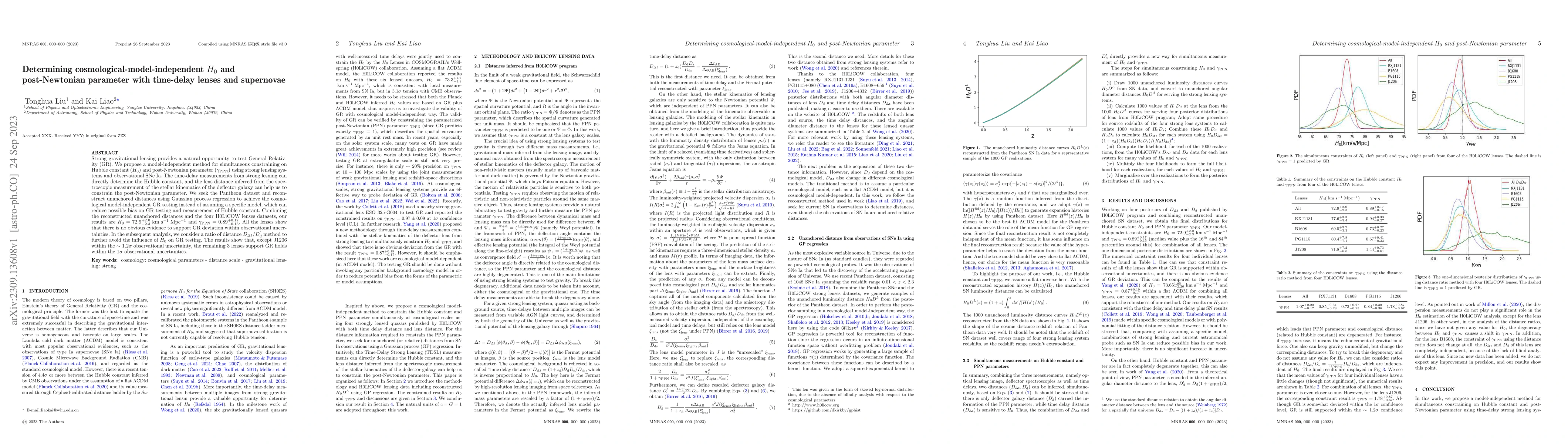 Thumbnail for Determining cosmological-model-independent $H_0$ and post-Newtonian
  parameter with time-delay lenses and supernovae