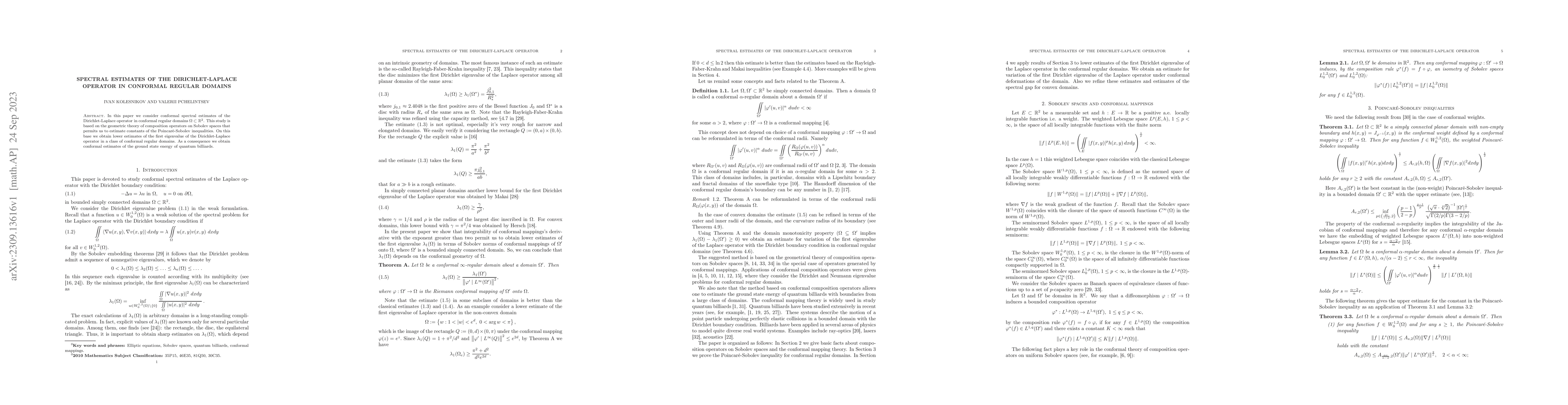 Thumbnail for Spectral estimates of the Dirichlet-Laplace operator in conformal
  regular domains