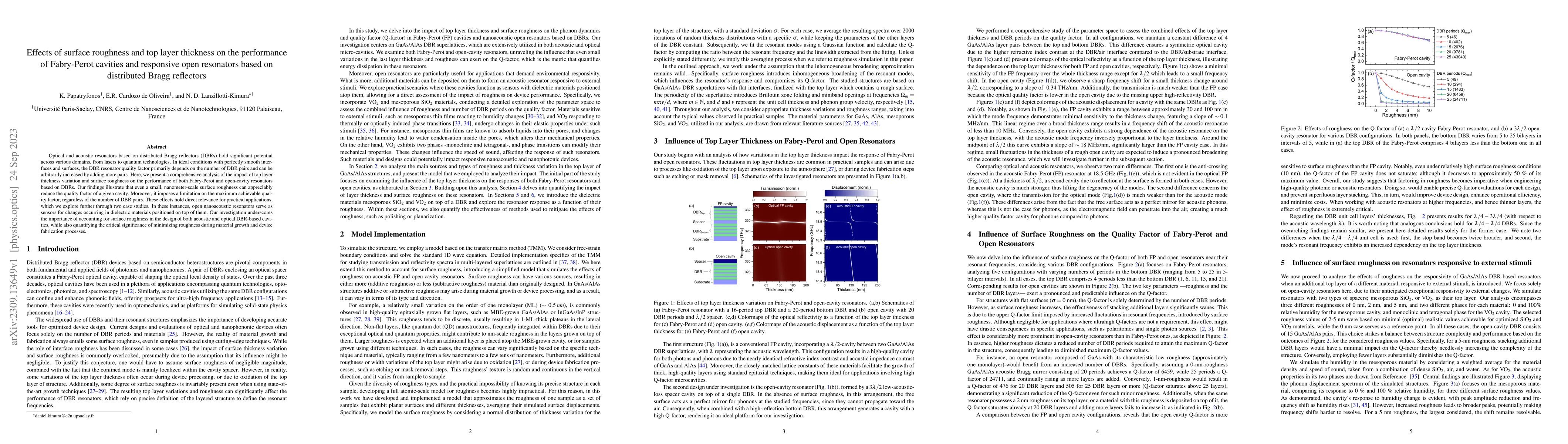 Thumbnail for Effects of surface roughness and top layer thickness on the performance
  of Fabry-Perot cavities and responsive open resonators based on distributed
  Bragg reflectors