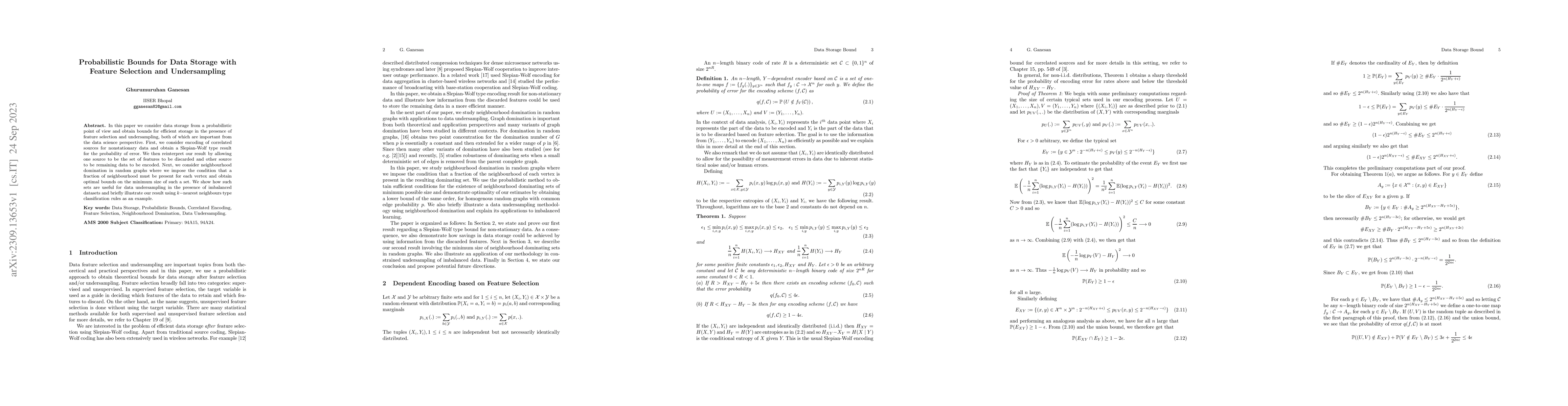 Thumbnail for Probabilistic Bounds for Data Storage with Feature Selection and
  Undersampling