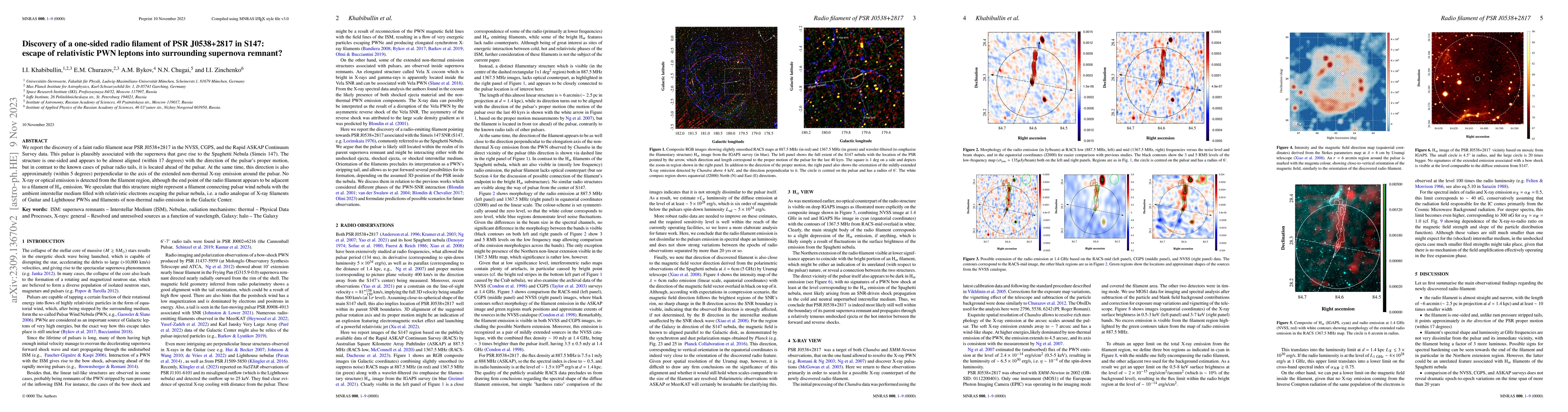 Thumbnail for Discovery of a one-sided radio filament of PSR J0538+2817 in S147:
  escape of relativistic PWN leptons into surrounding supernova remnant?