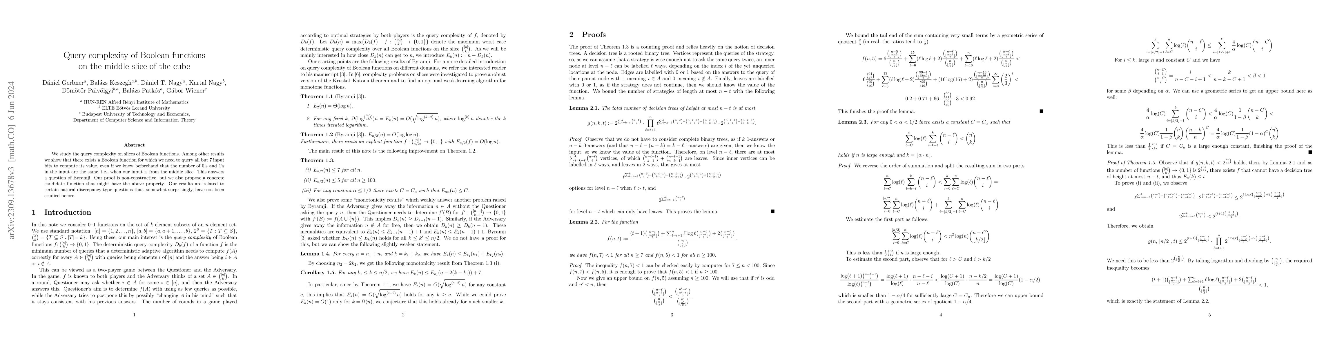 Thumbnail for Query complexity of Boolean functions on the middle slice of the cube