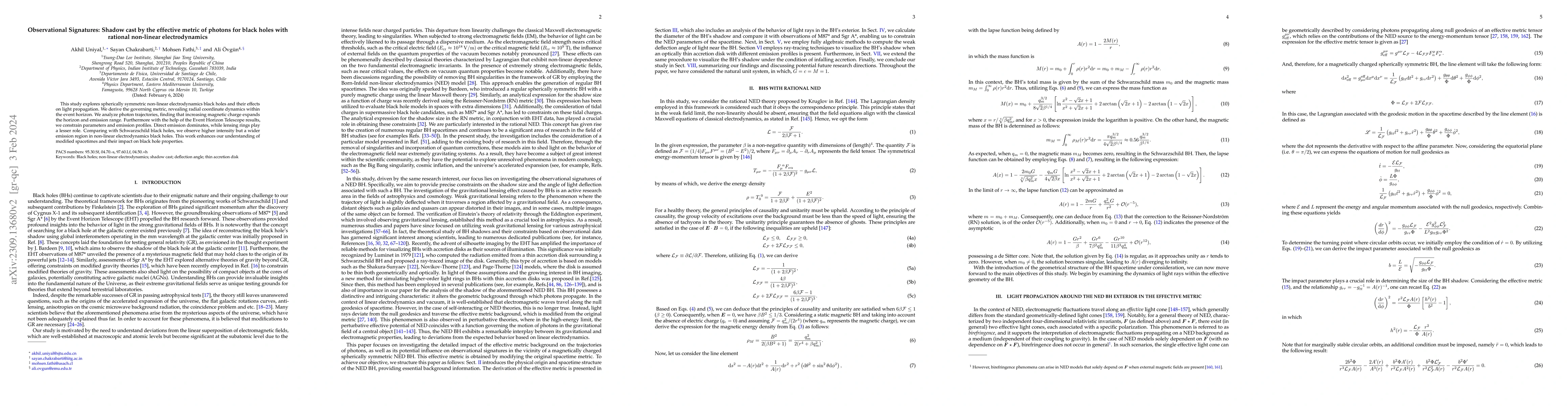 Thumbnail for Observational Signatures: Shadow cast by the effective metric of photons
  for black holes with rational non-linear electrodynamics