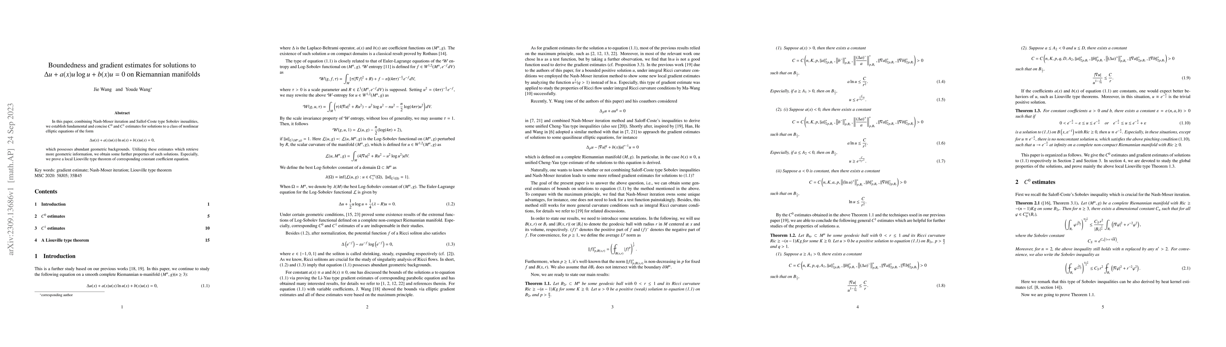 Thumbnail for Boundedness and gradient estimates for solutions to $\Delta u +
  a(x)u\log u + b(x)u = 0$ on Riemannian manifolds