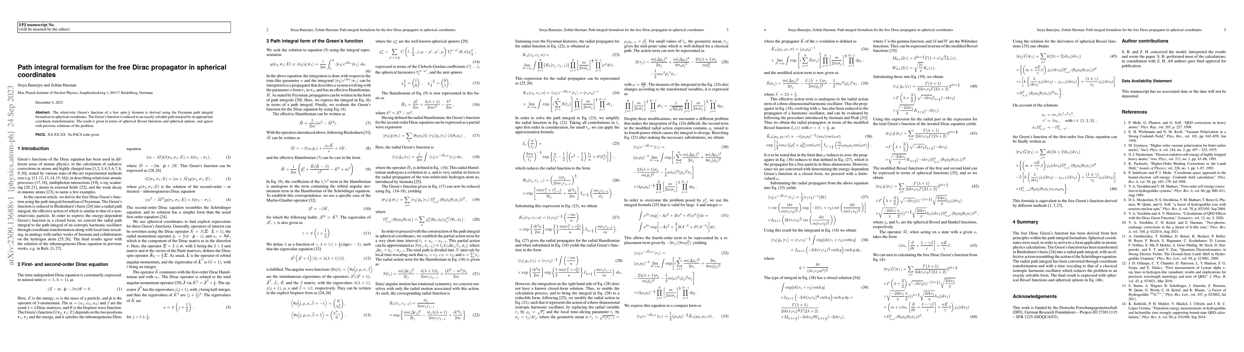 Thumbnail for Path integral formalism for the free Dirac propagator in spherical
  coordinates