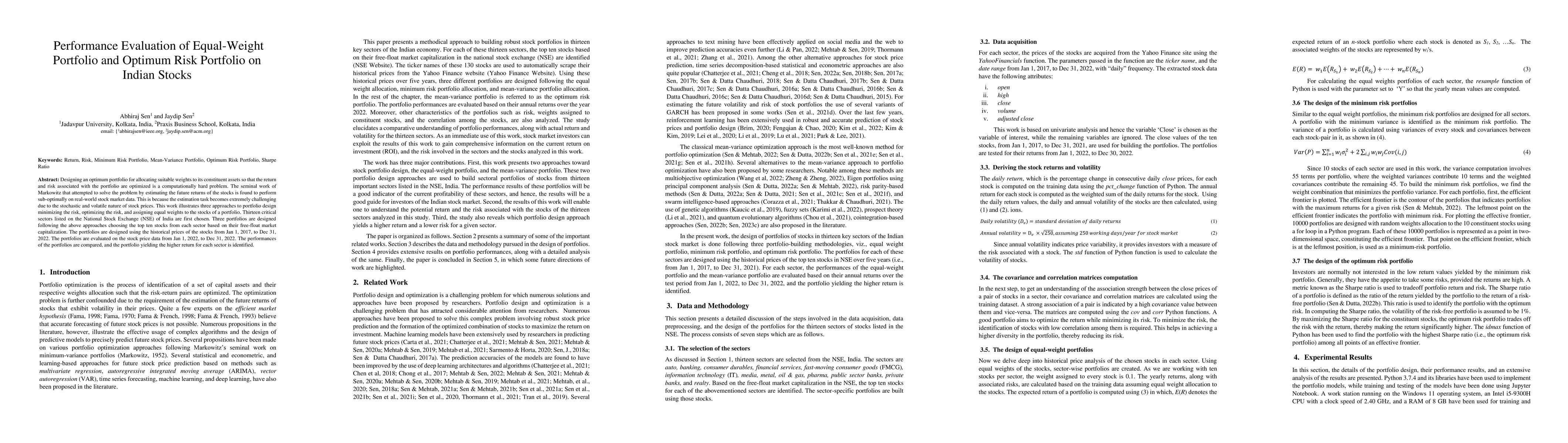 Thumbnail for Performance Evaluation of Equal-Weight Portfolio and Optimum Risk
  Portfolio on Indian Stocks
