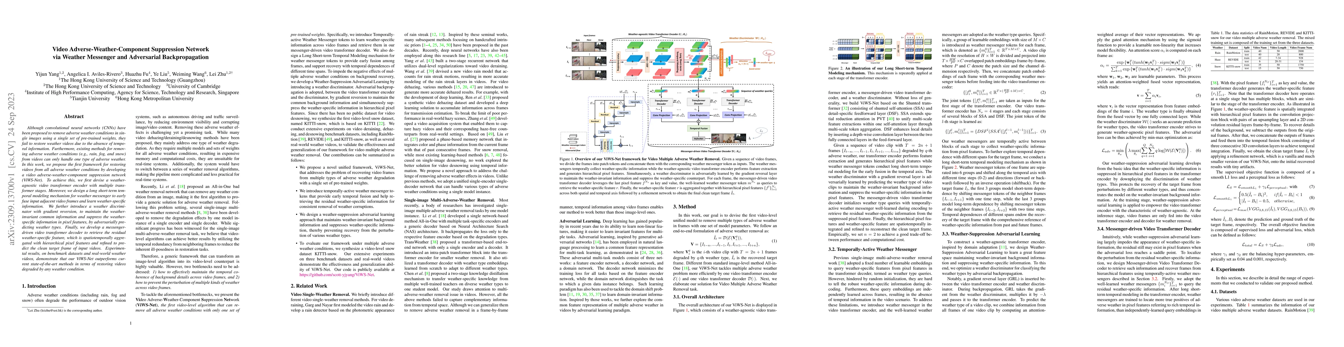 Thumbnail for Video Adverse-Weather-Component Suppression Network via Weather
  Messenger and Adversarial Backpropagation