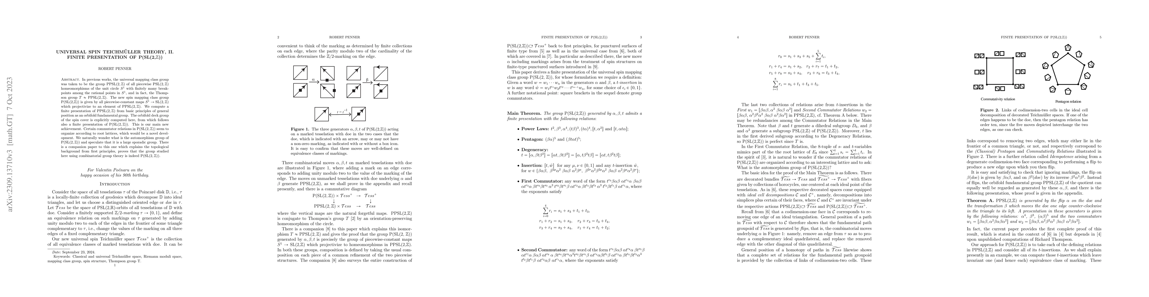Thumbnail for Universal Spin Teichmueller Theory, II. Finite Presentation of
  P(SL(2,Z))