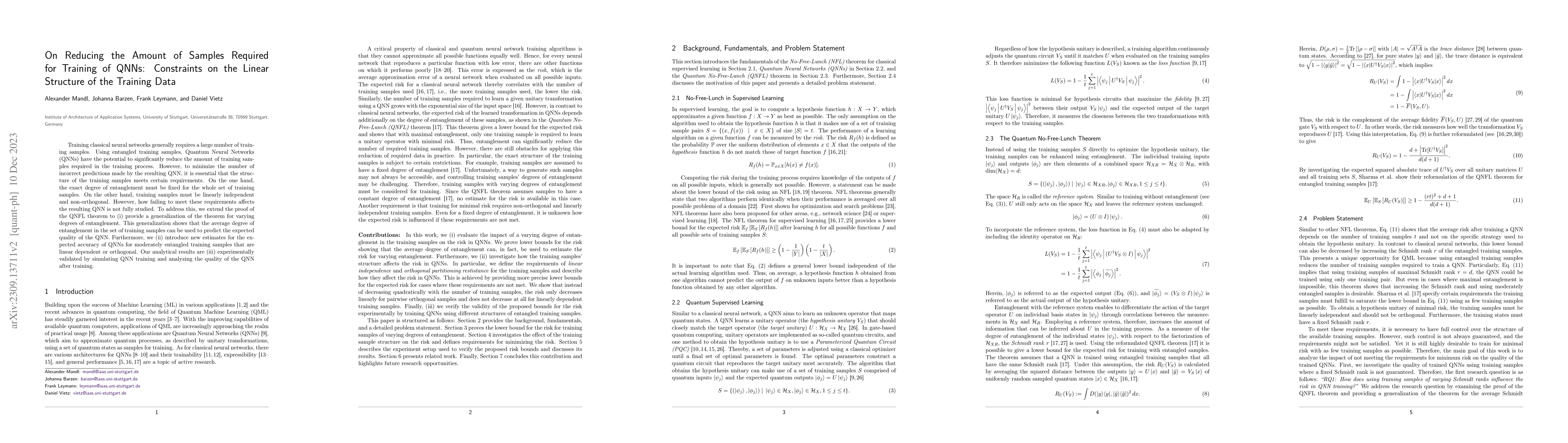 Thumbnail for On Reducing the Amount of Samples Required for Training of QNNs:
  Constraints on the Linear Structure of the Training Data