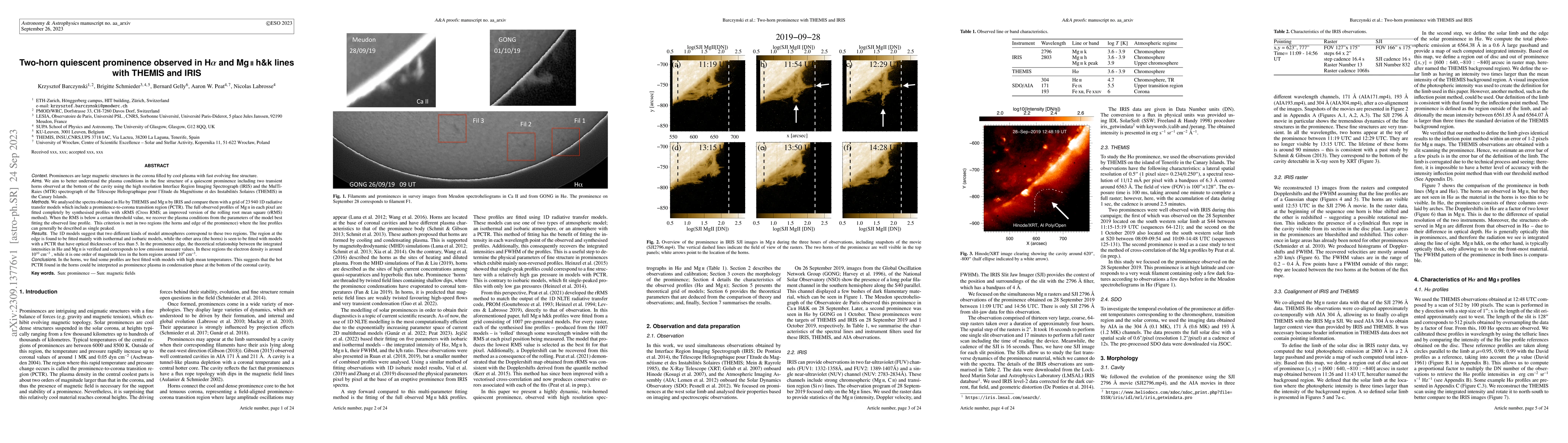 Thumbnail for Two-horn quiescent prominence observed in H-alpha and MgII h&k lines
  with THEMIS and IRIS