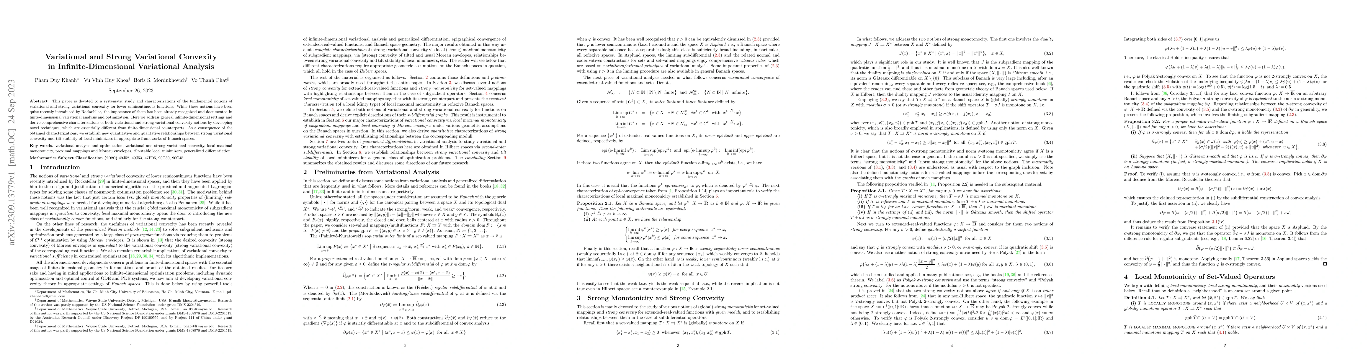 Thumbnail for Variational and Strong Variational Convexity in Infinite-Dimensional
  Variational Analysis