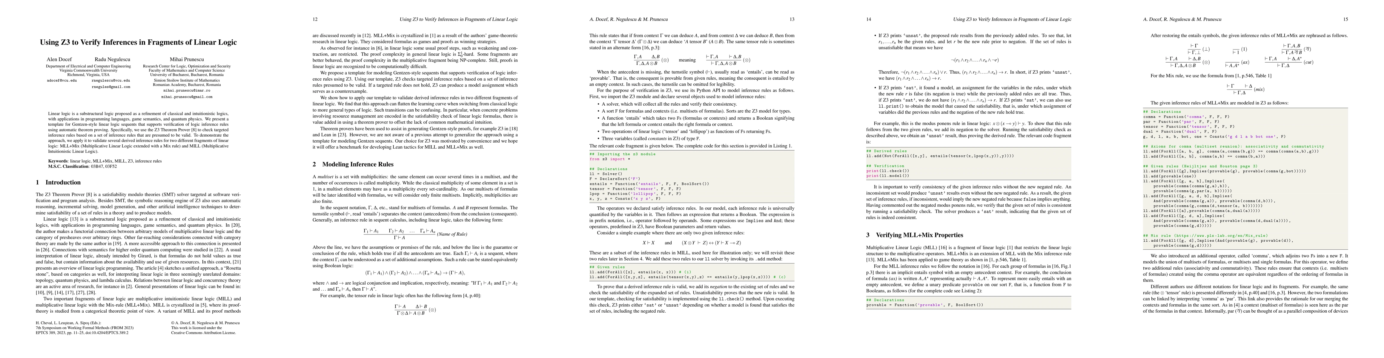 Thumbnail for Using Z3 to Verify Inferences in Fragments of Linear Logic
