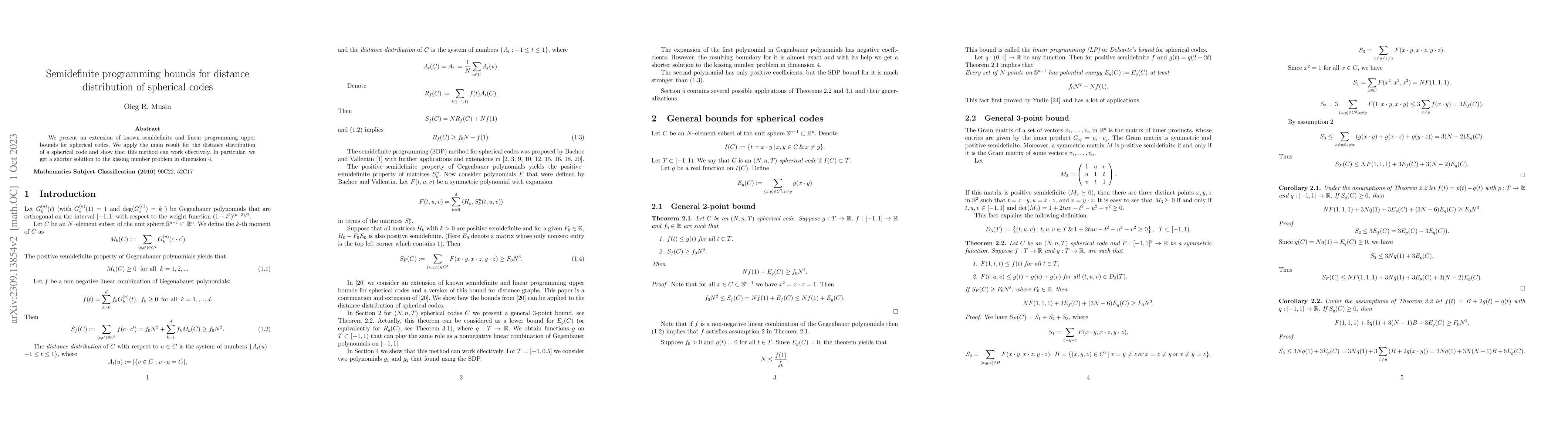 Thumbnail for Semidefinite programming bounds for distance distribution of spherical
  codes
