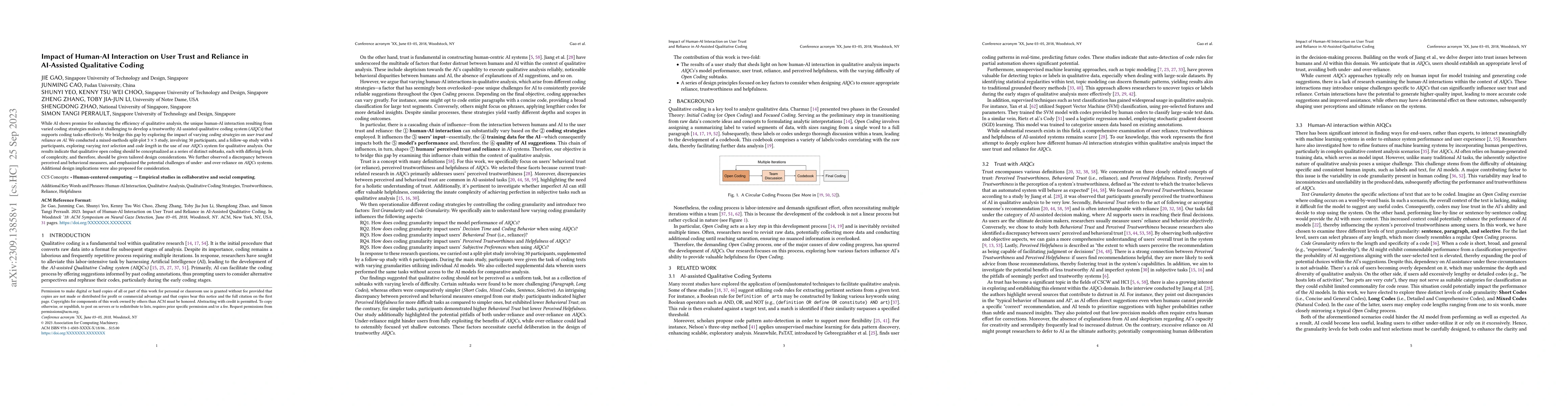 Thumbnail for Impact of Human-AI Interaction on User Trust and Reliance in AI-Assisted
  Qualitative Coding