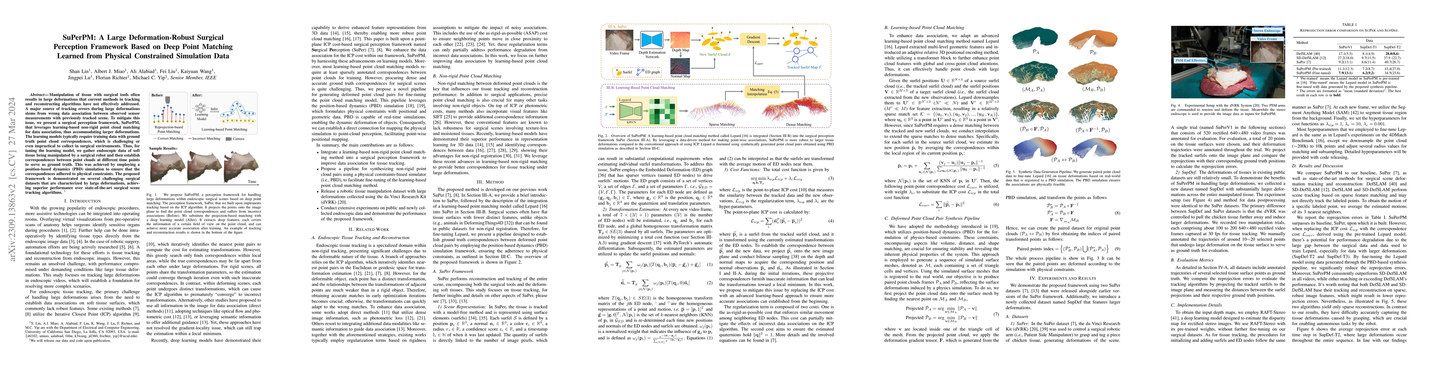 Thumbnail for SuPerPM: A Large Deformation-Robust Surgical Perception Framework Based
  on Deep Point Matching Learned from Physical Constrained Simulation Data