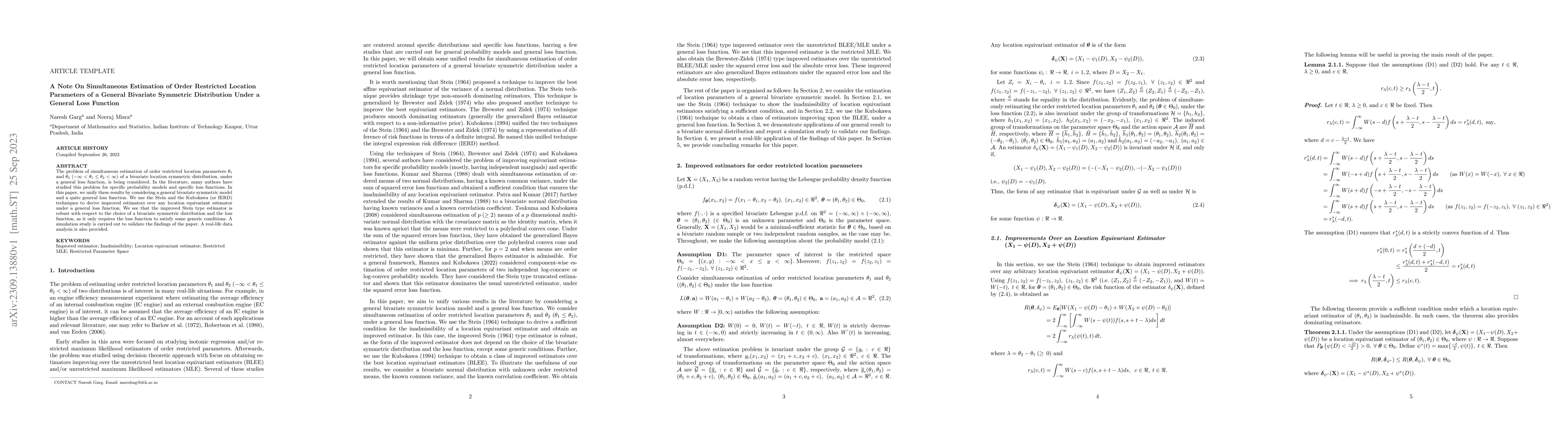Thumbnail for A Note On Simultaneous Estimation of Order Restricted Location
  Parameters of a General Bivariate Symmetric Distribution Under a General Loss
  Function