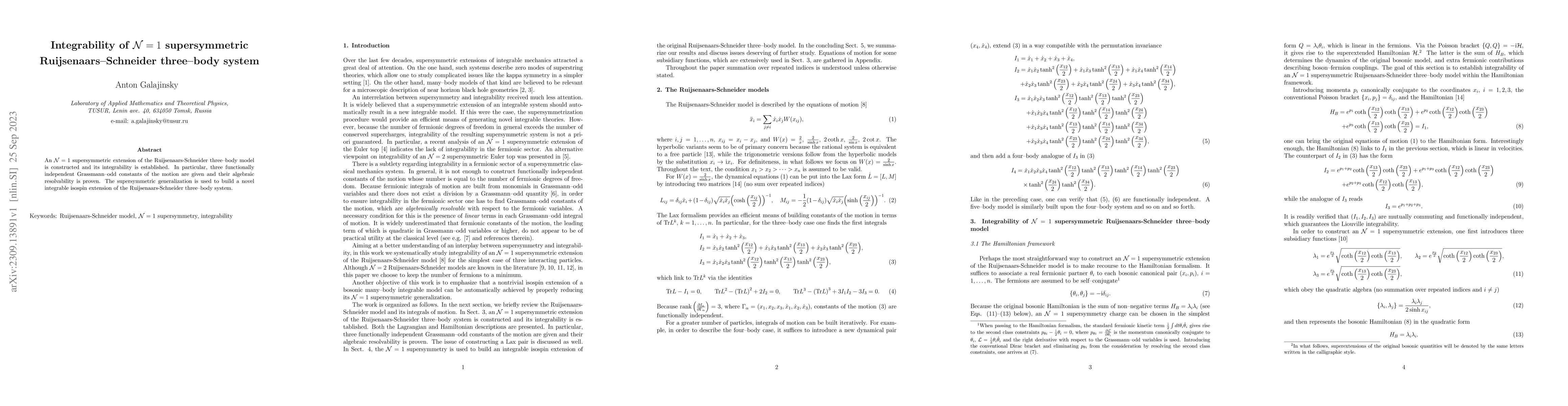 Thumbnail for Integrability of N=1 supersymmetric Ruijsenaars-Schneider three-body
  system