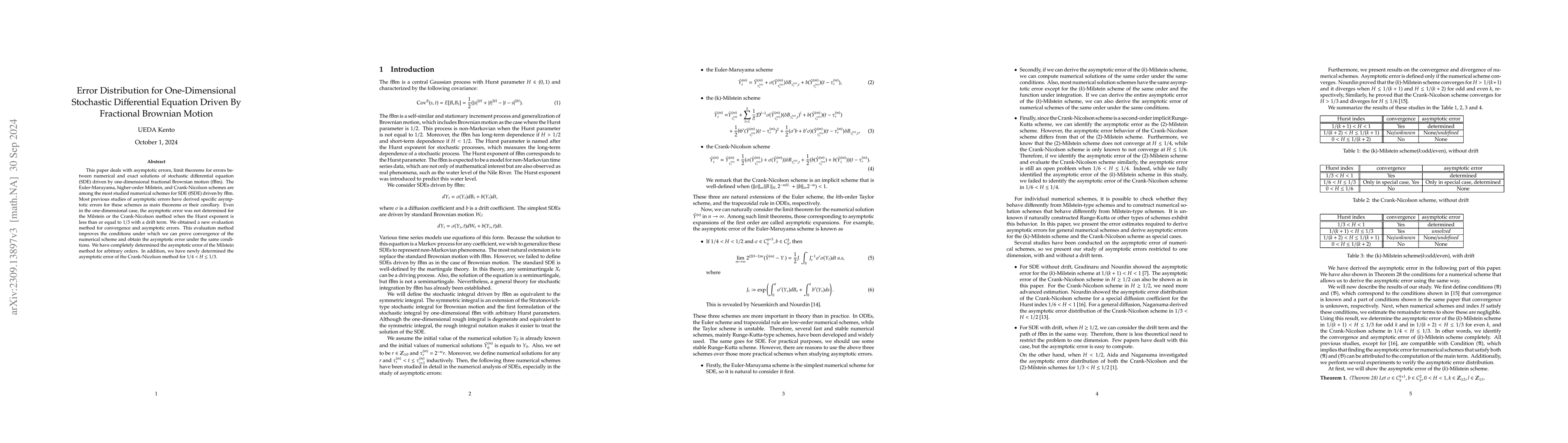 Thumbnail for Error Distribution for One-Dimensional Stochastic Differential Equation
  Driven By Fractional Brownian Motion
