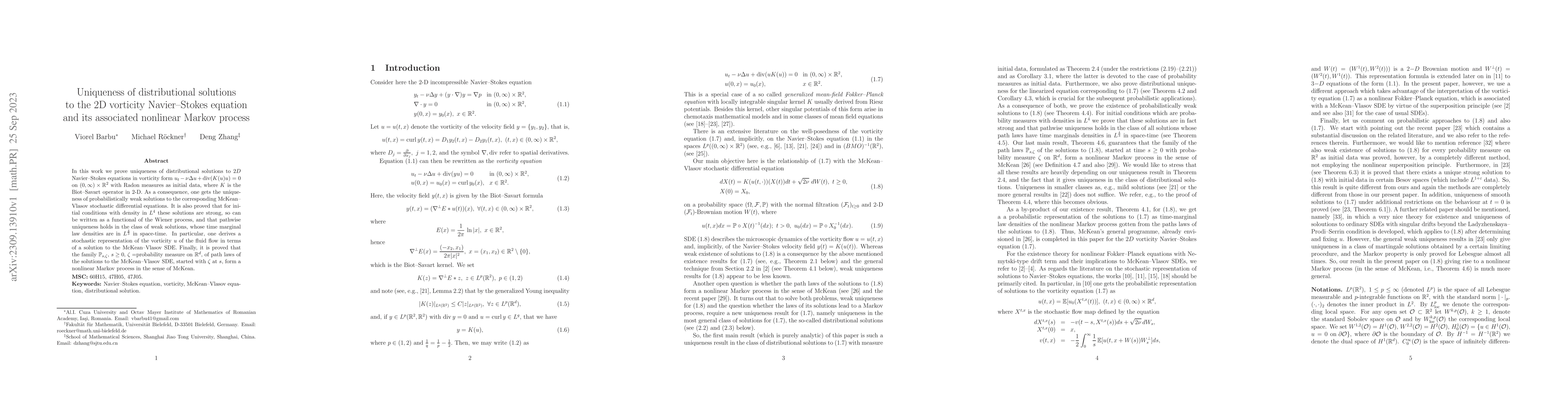 Thumbnail for Uniqueness of distributional solutions to the 2D vorticity Navier-Stokes
  equation and its associated nonlinear Markov process