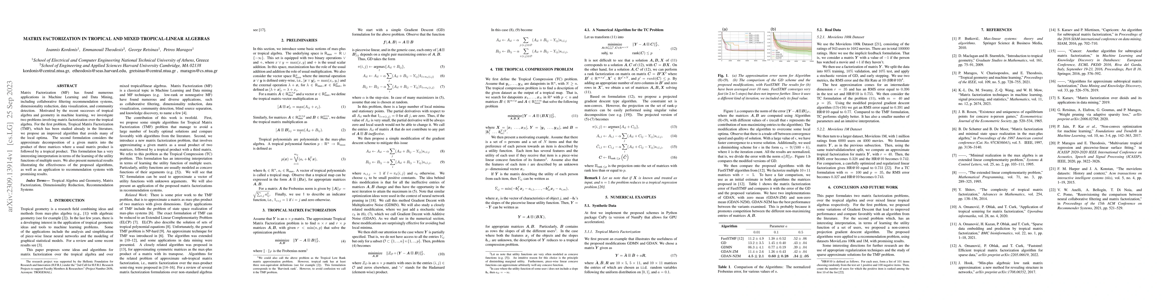 Thumbnail for Matrix Factorization in Tropical and Mixed Tropical-Linear Algebras