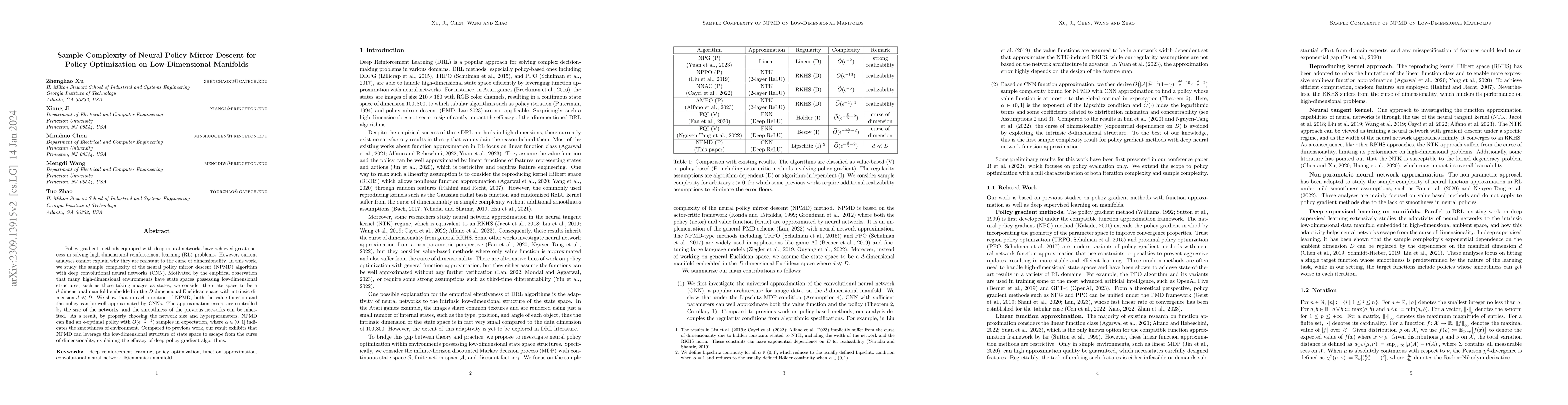Thumbnail for Sample Complexity of Neural Policy Mirror Descent for Policy
  Optimization on Low-Dimensional Manifolds